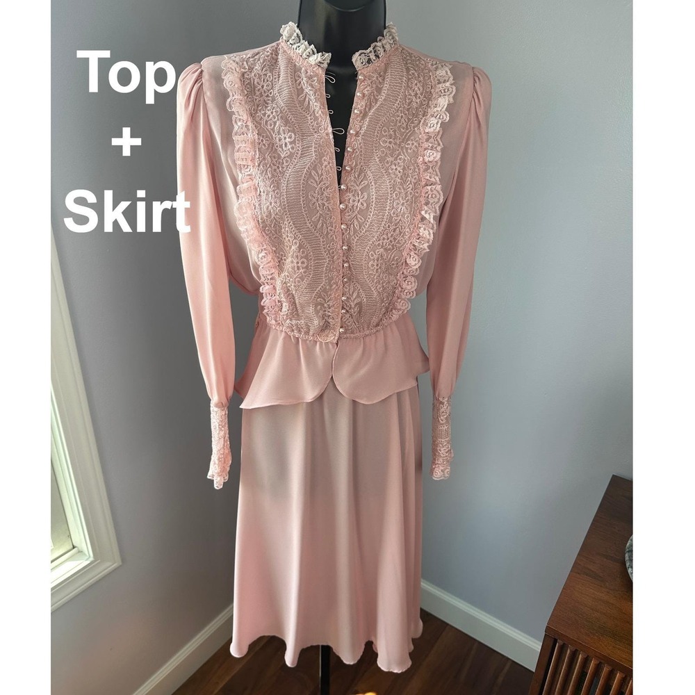 Vintage Pink Lace Victorian Peplum Top Skirt Set Made in USA Dusty Rose Romantic